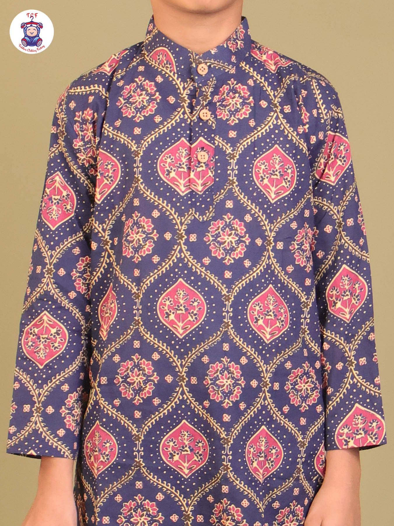 Navy Blue & Pink - Boys Printed Long Kurta