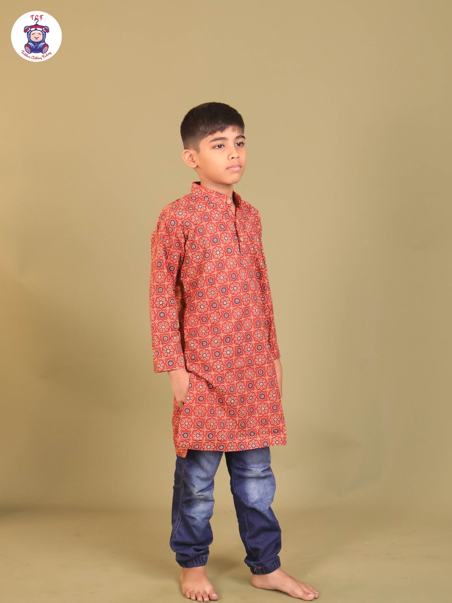 Brown - Boys Printed Long Kurta