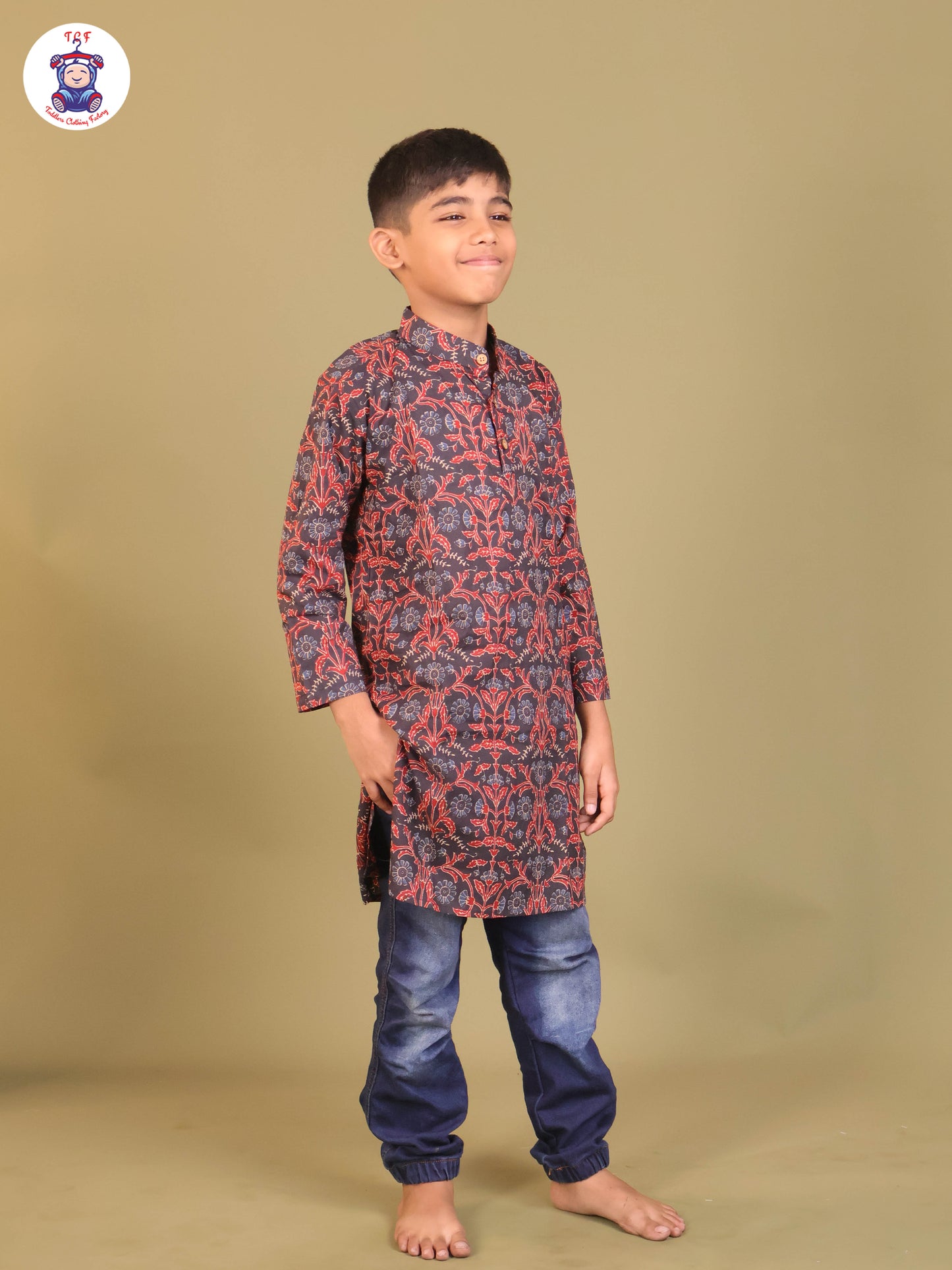 Brown - Boys Printed Long Kurta