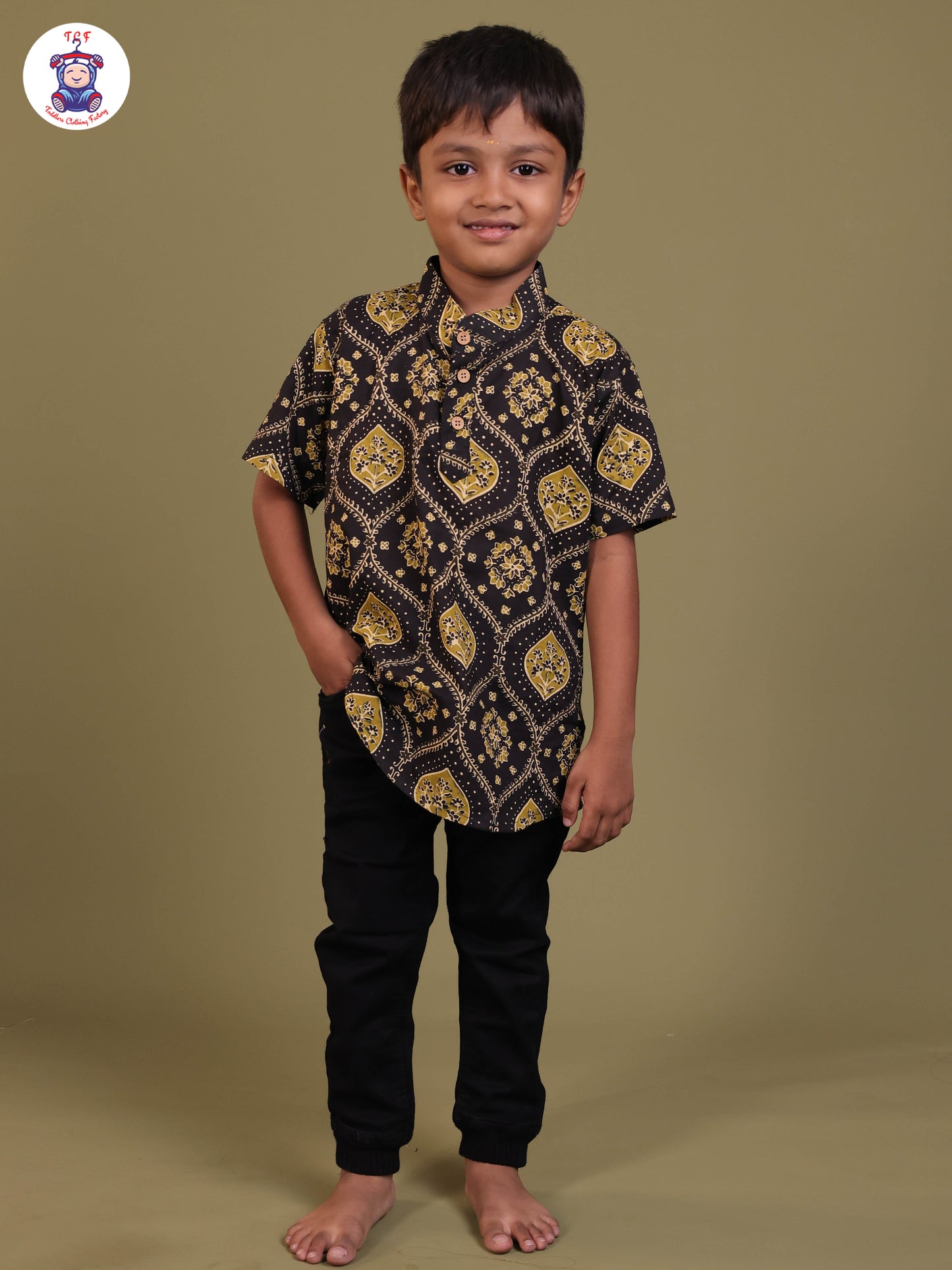 Black & Green - Boys Printed Short Kurta