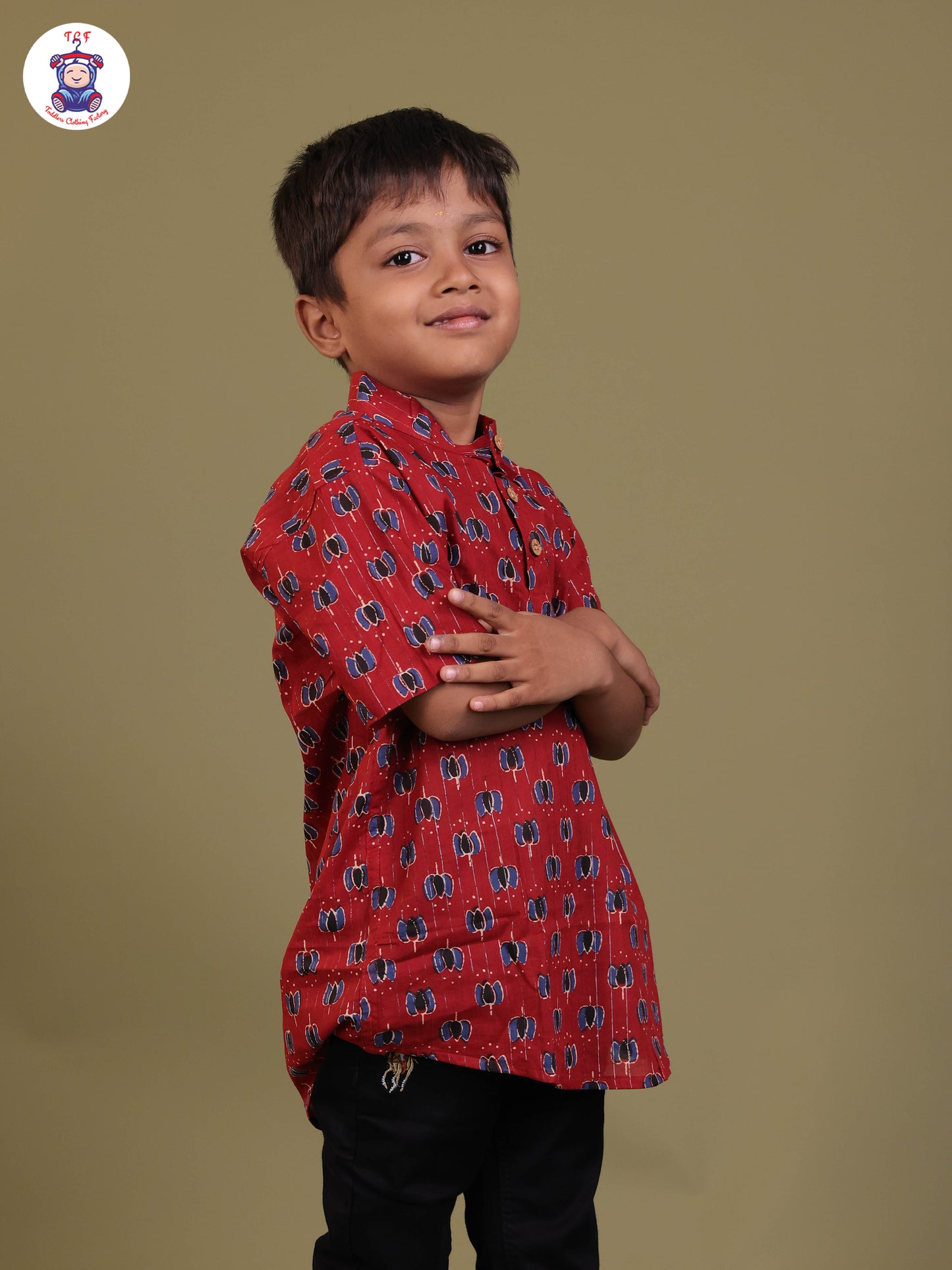 Maroon & Blue - Boys Printed Short Kurta