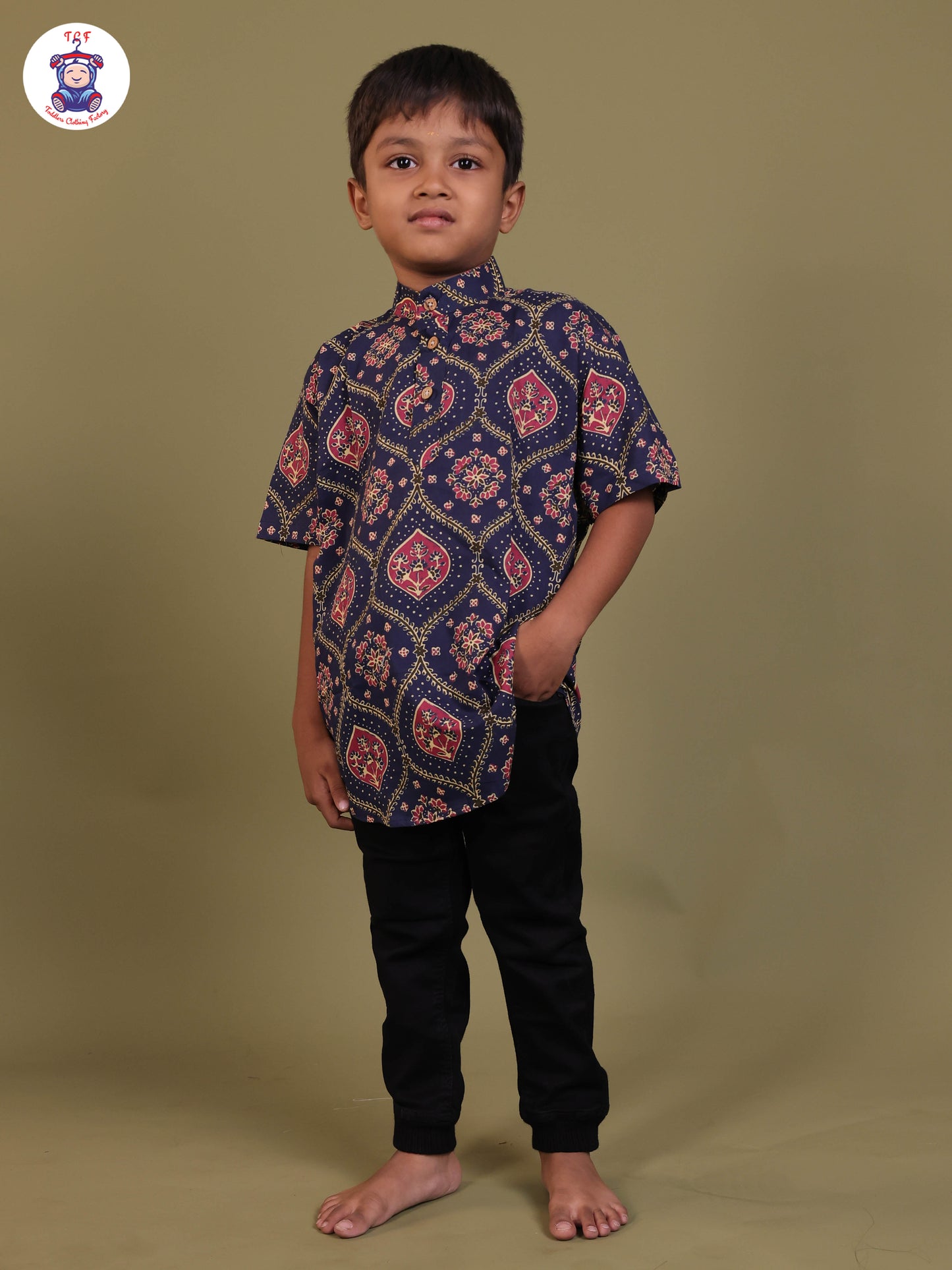Navy Blue & Pink - Boys Printed Short Kurta