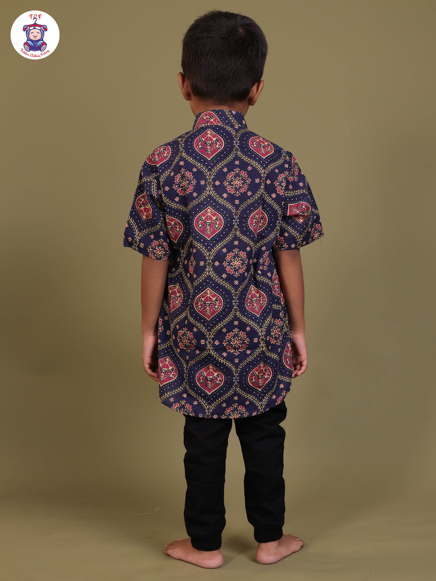Navy Blue & Pink - Boys Printed Short Kurta