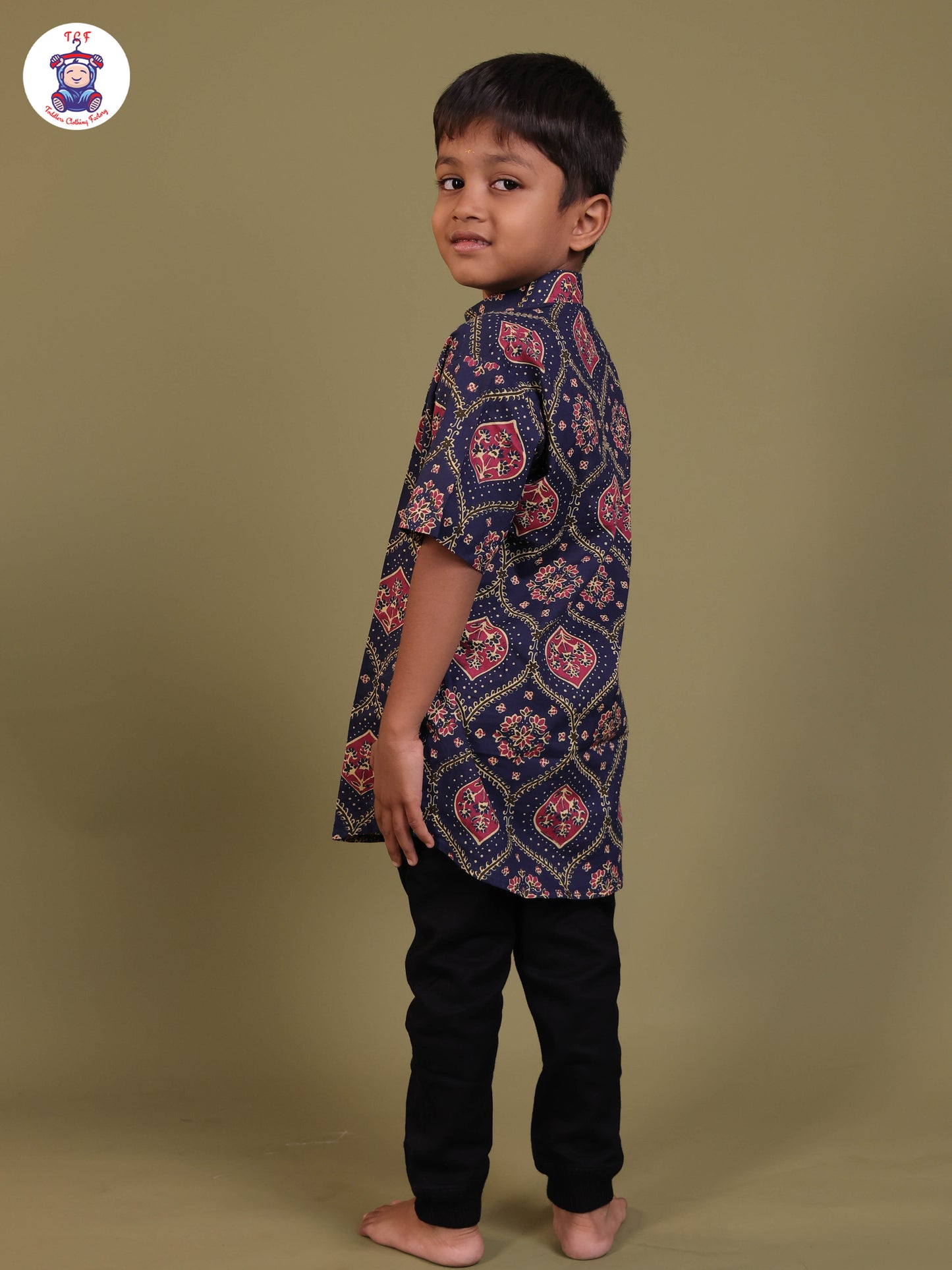 Navy Blue & Pink - Boys Printed Short Kurta