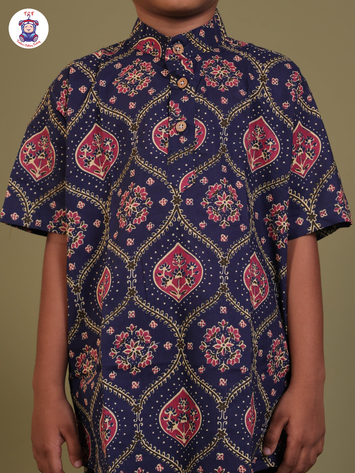 Navy Blue & Pink - Boys Printed Short Kurta