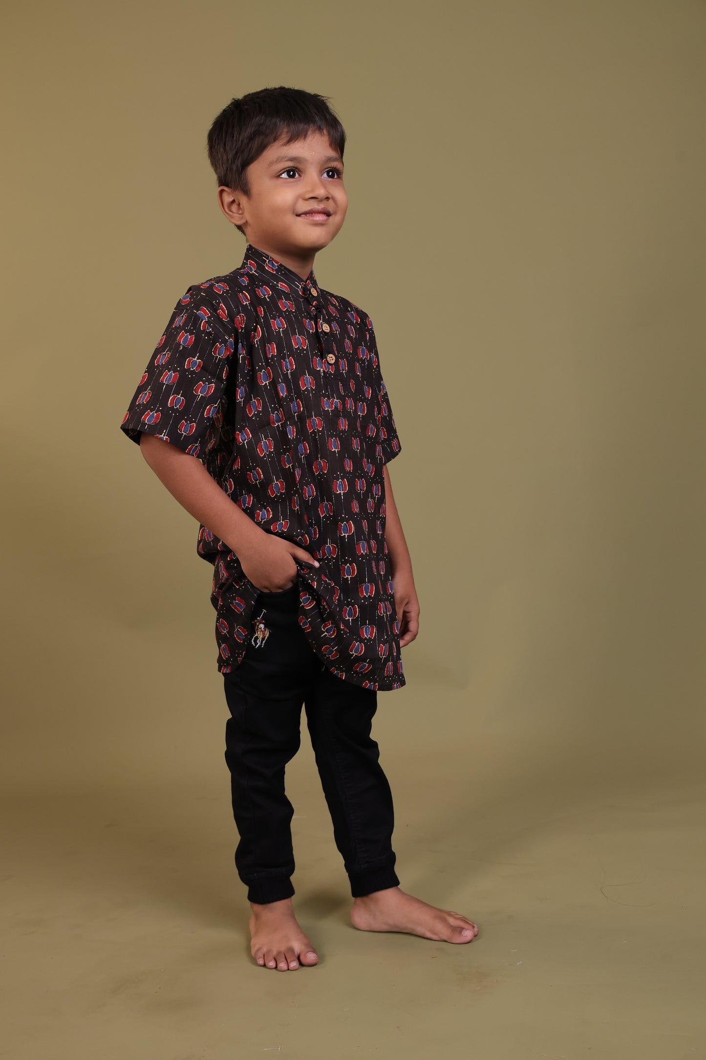 Black & Maroon - Boys Printed Short Kurta
