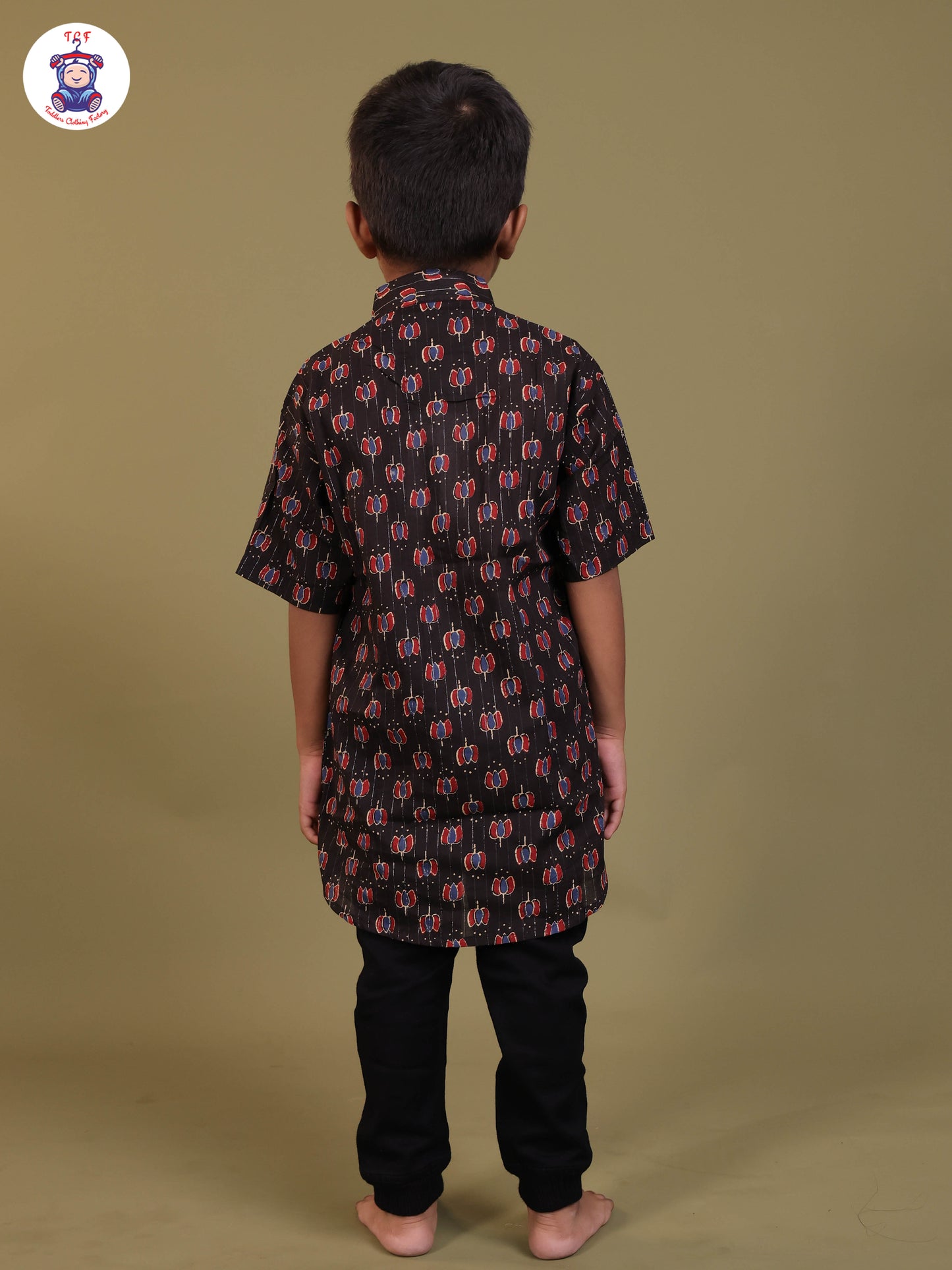 Black & Maroon - Boys Printed Short Kurta
