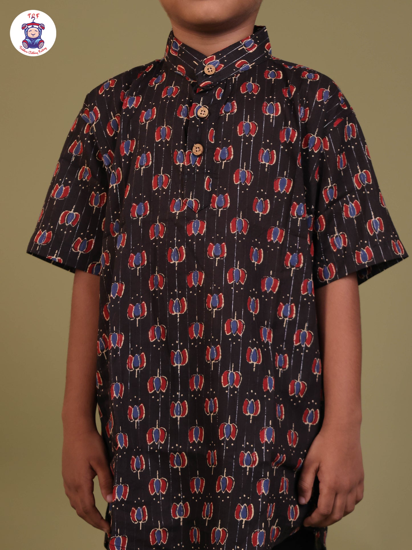Black & Maroon - Boys Printed Short Kurta