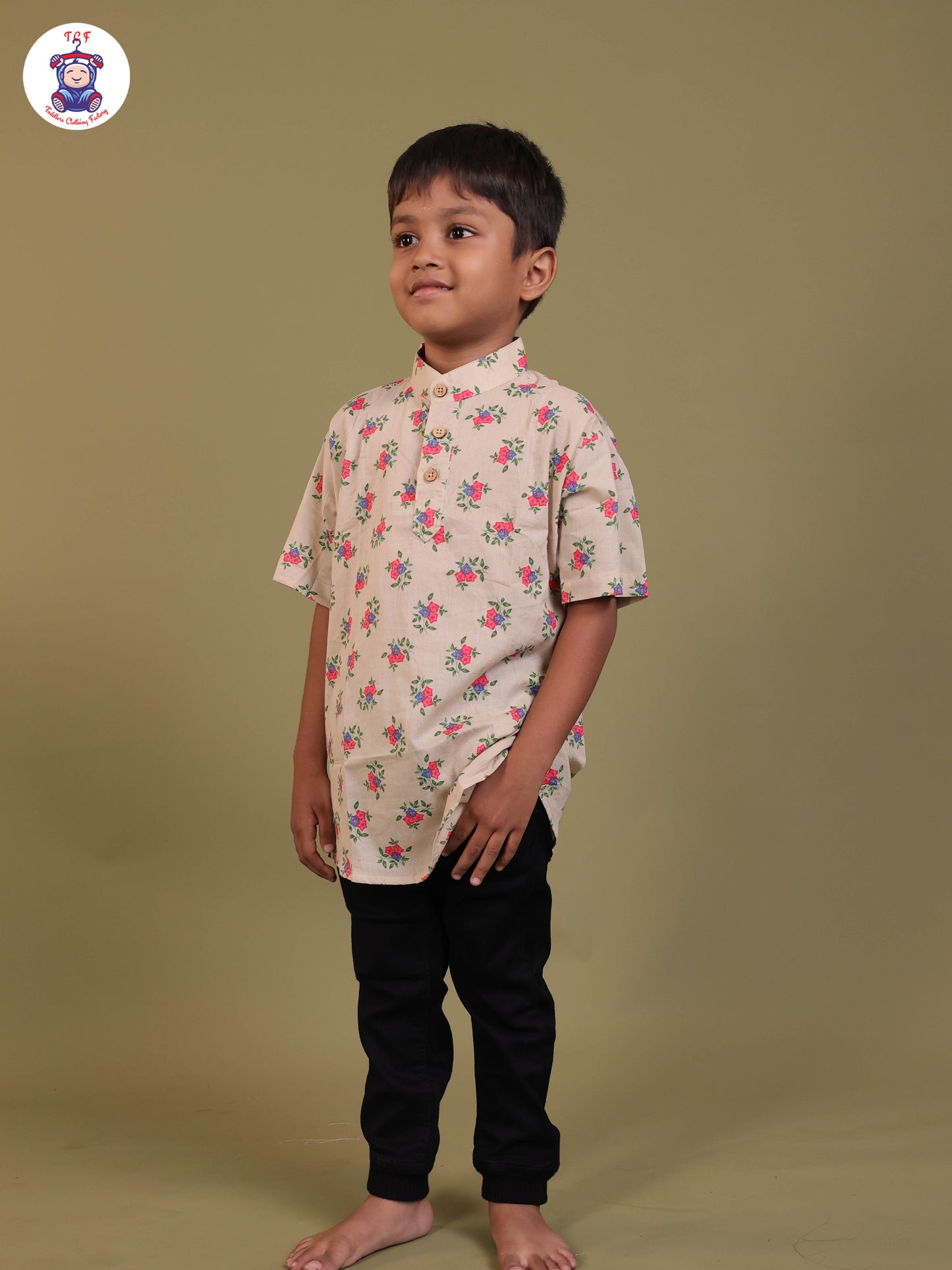 Cream - Boys Printed Short Kurta