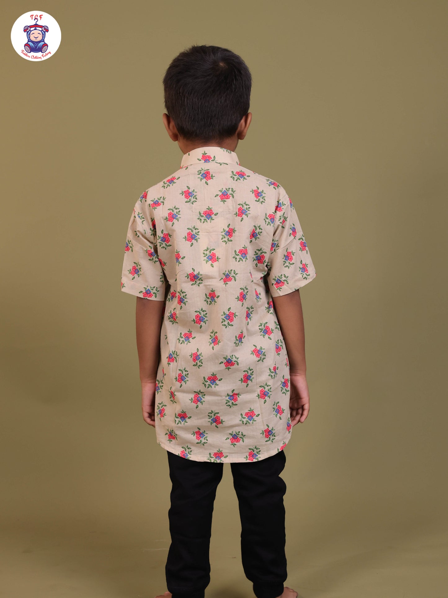 Cream - Boys Printed Short Kurta