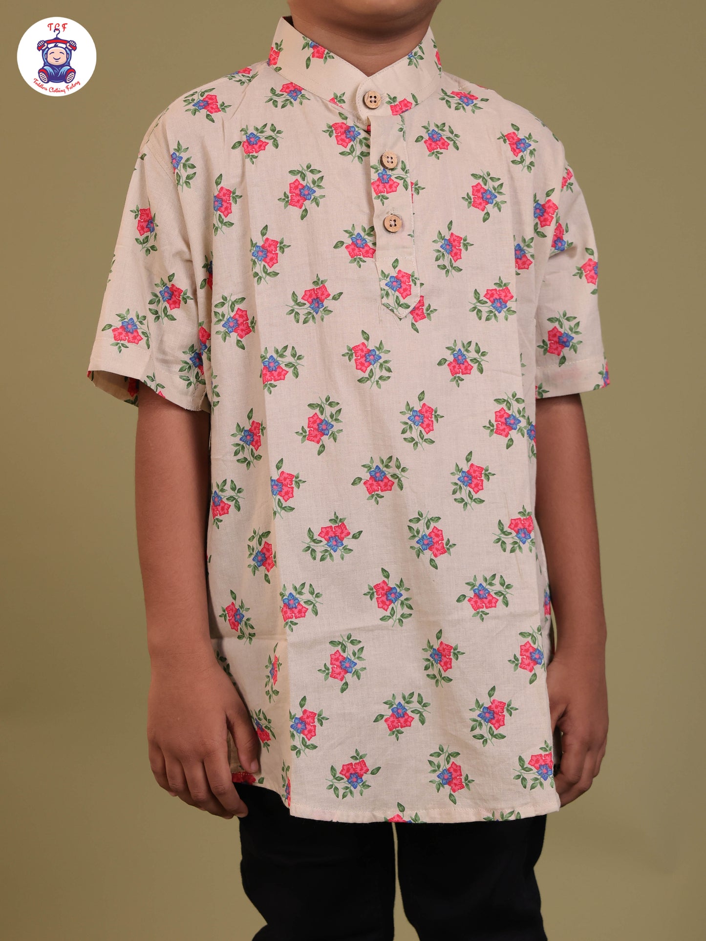 Cream - Boys Printed Short Kurta