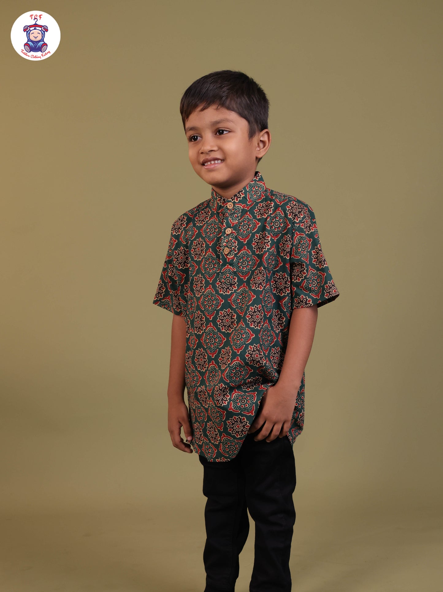 Dark Green & Brown - Boys Printed Short Kurta