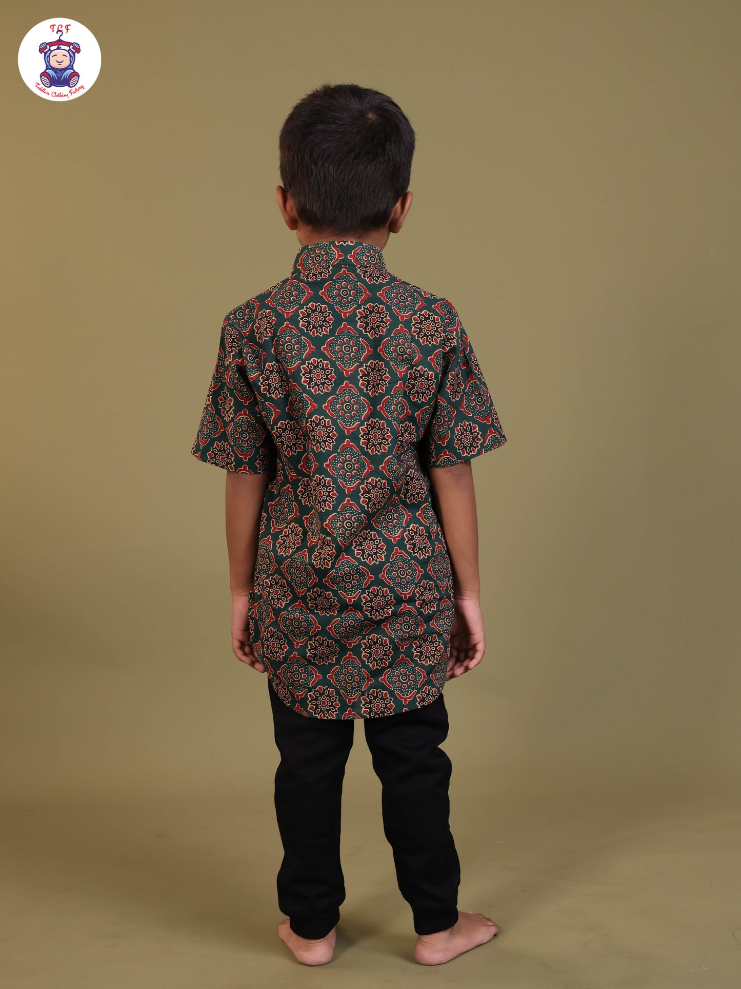 Dark Green & Brown - Boys Printed Short Kurta