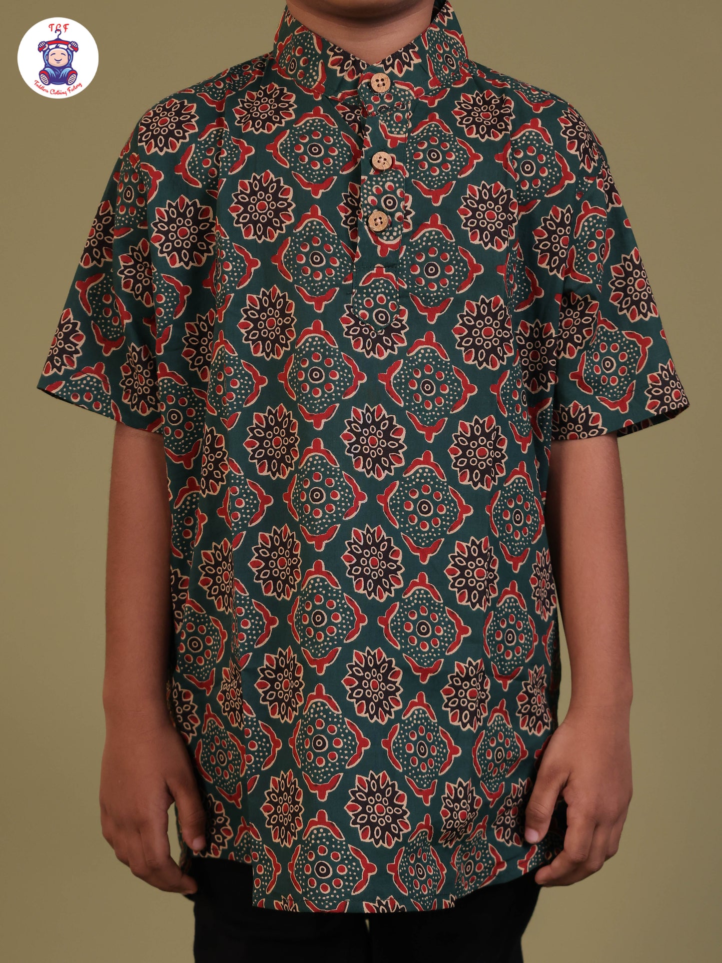 Dark Green & Brown - Boys Printed Short Kurta