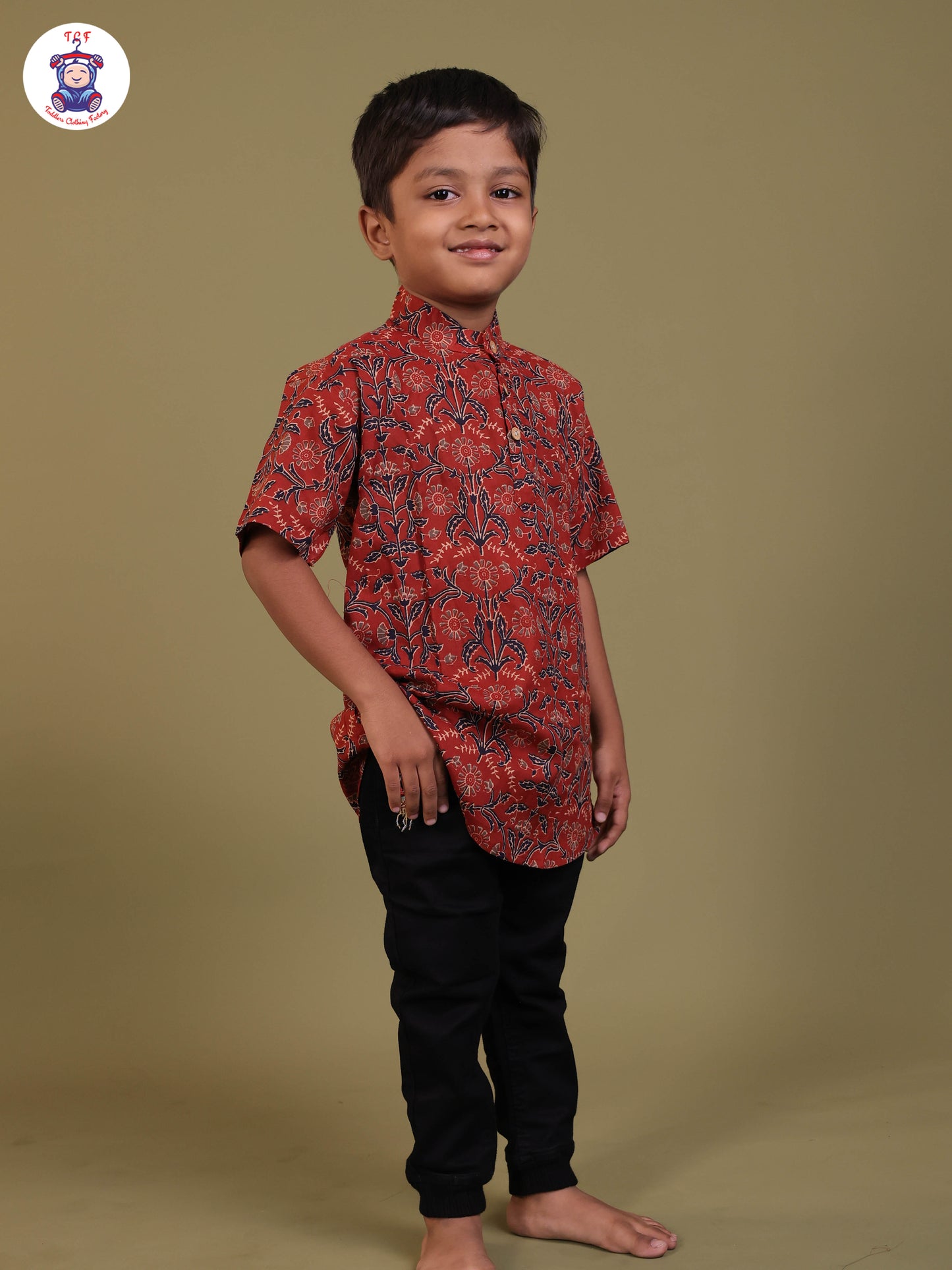 Brown - Boys Printed Short Kurta