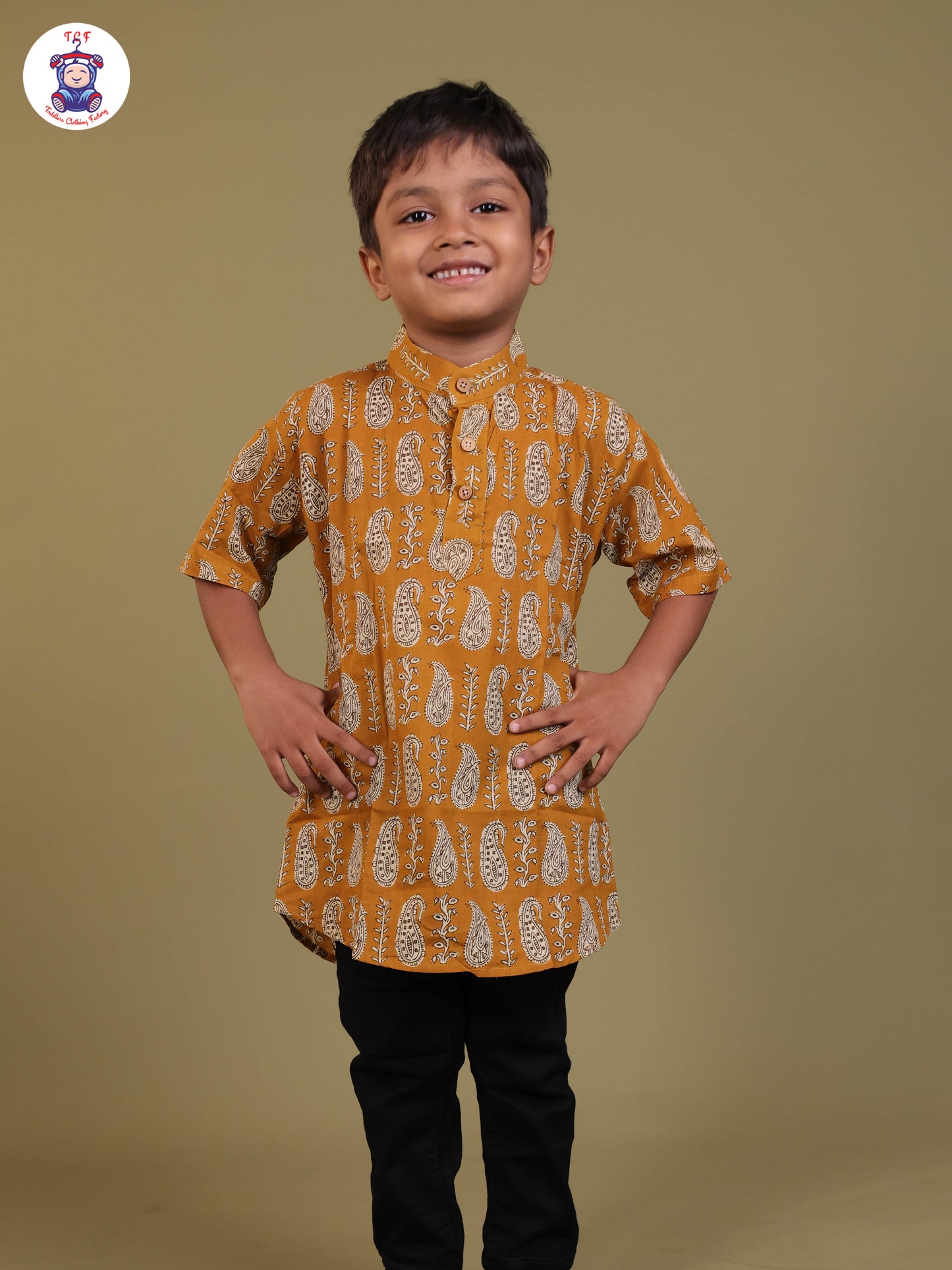 Mustard - Boys Printed Short Kurta
