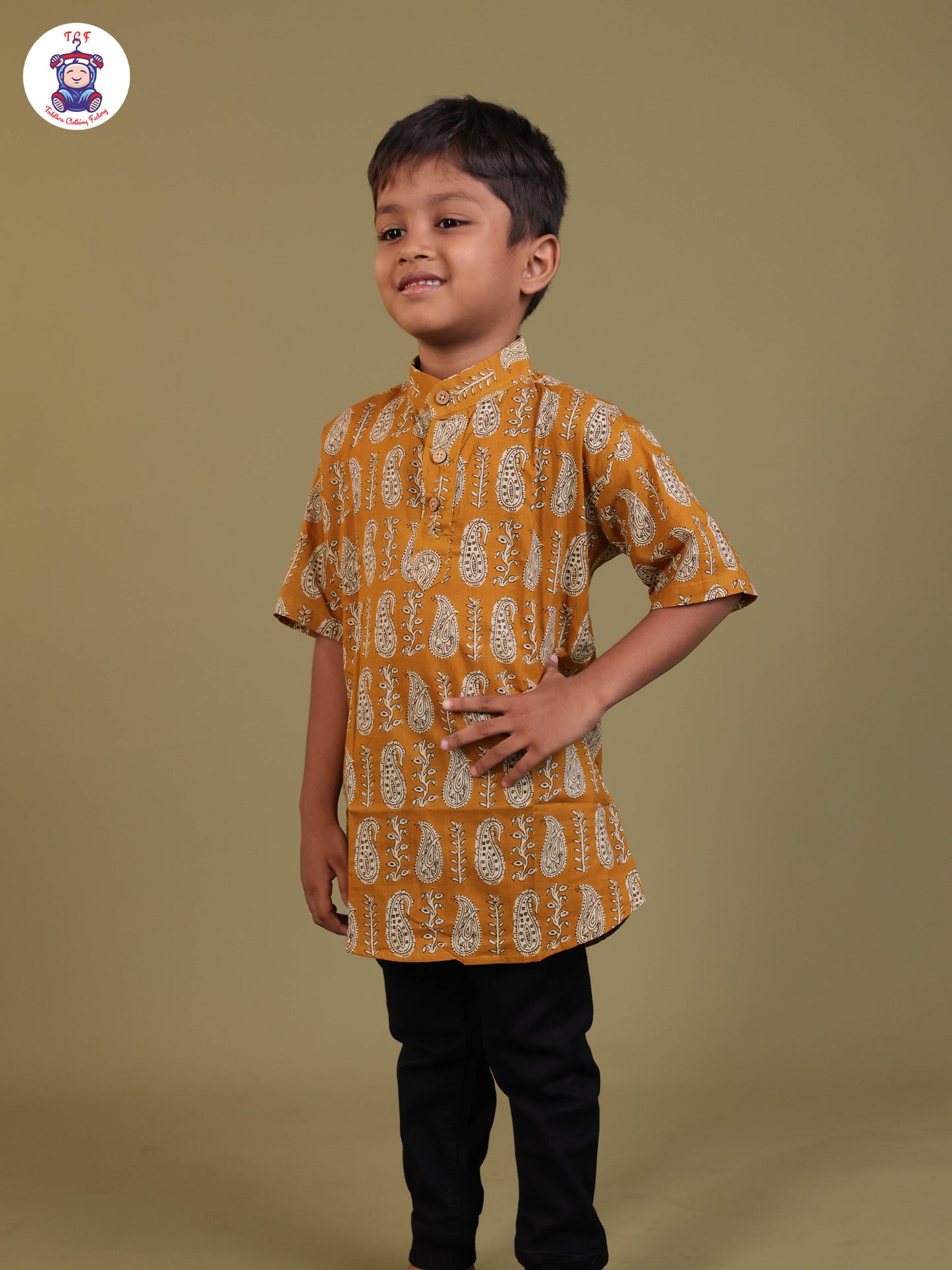 Mustard - Boys Printed Short Kurta