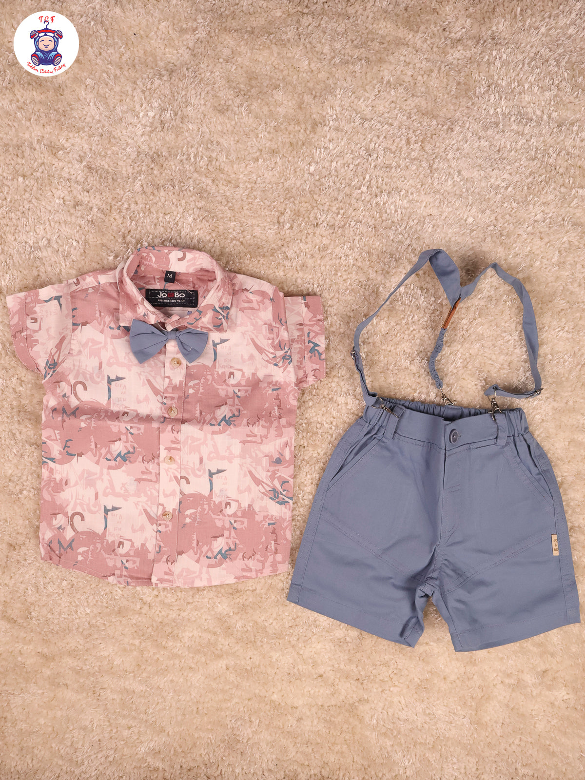 Pink & Grey Half Sleeves Shirts & Shorts Set With Suspender & Bow