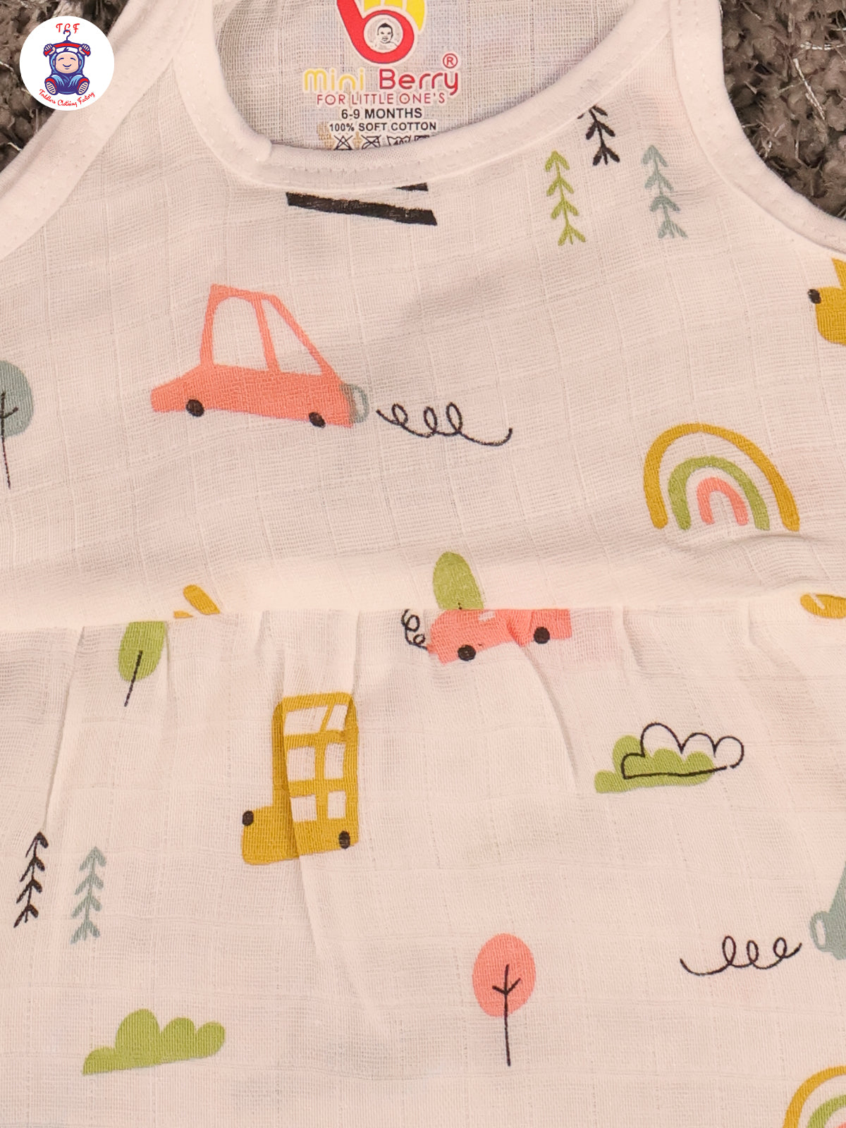 White Multi Cartoons Muslin Top Knot Frocks