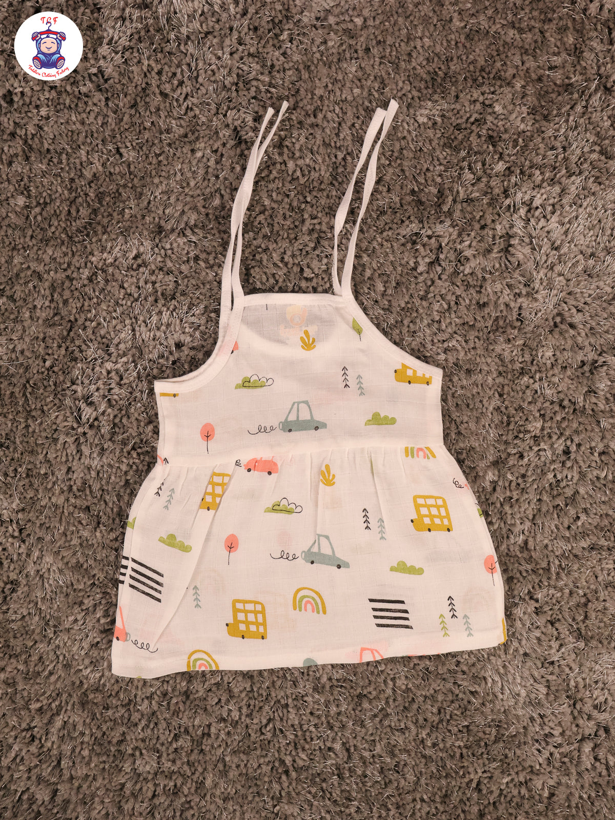 White Multi Cartoons Muslin Top Knot Frocks