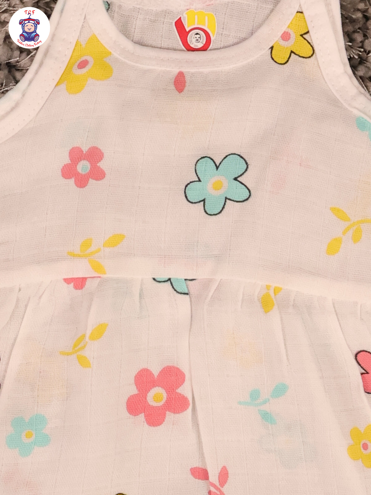 White Multi Cartoons Muslin Top Knot Frocks