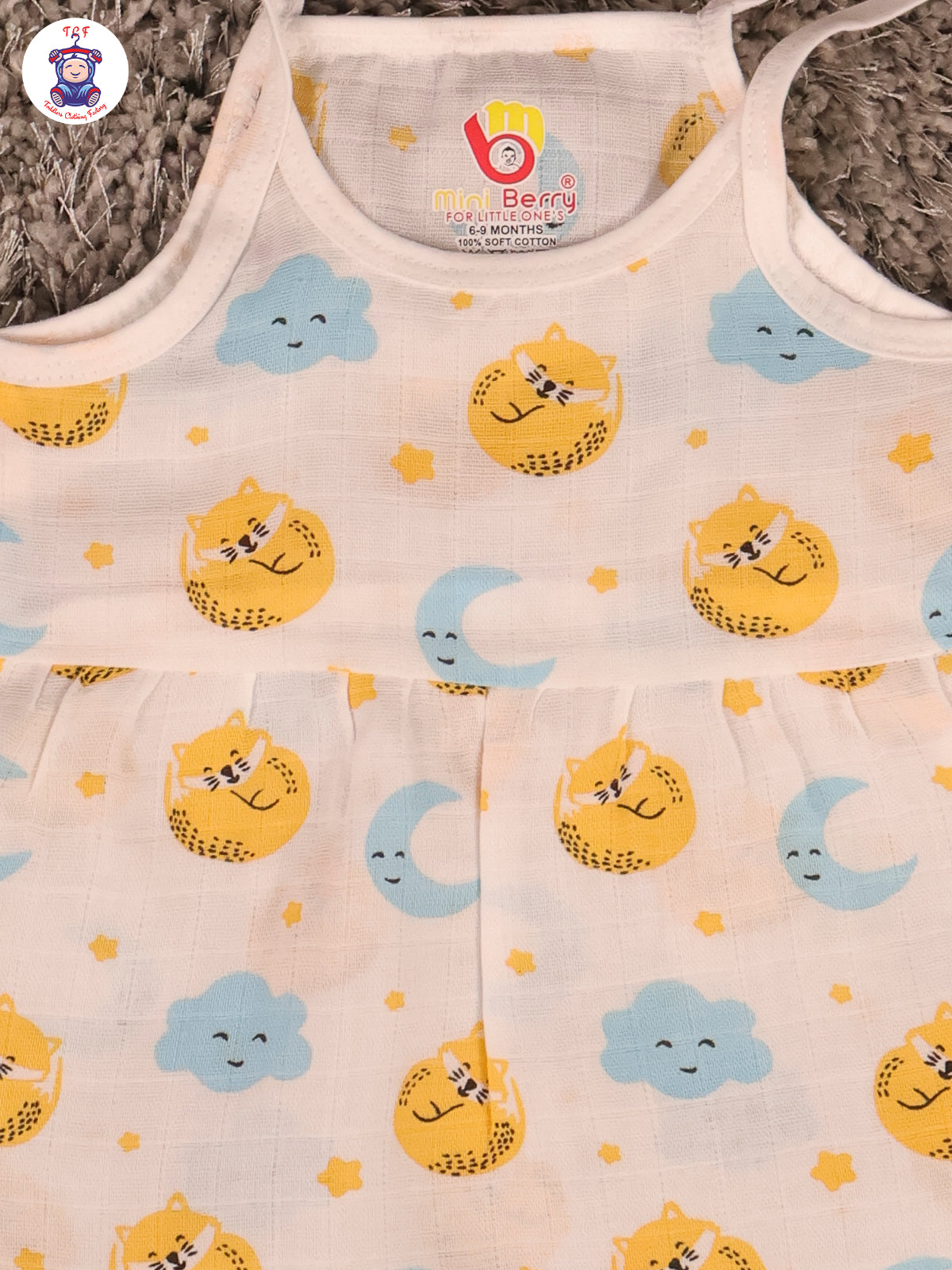 White Multi Cartoons Muslin Top Knot Frocks