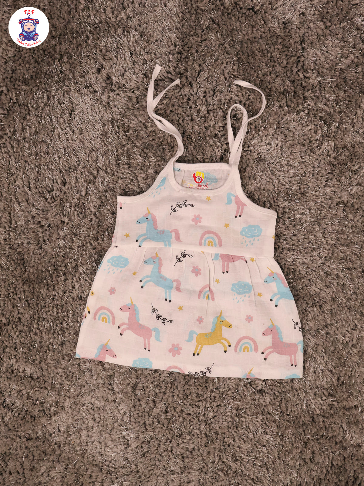White Multi Cartoons Muslin Top Knot Frocks