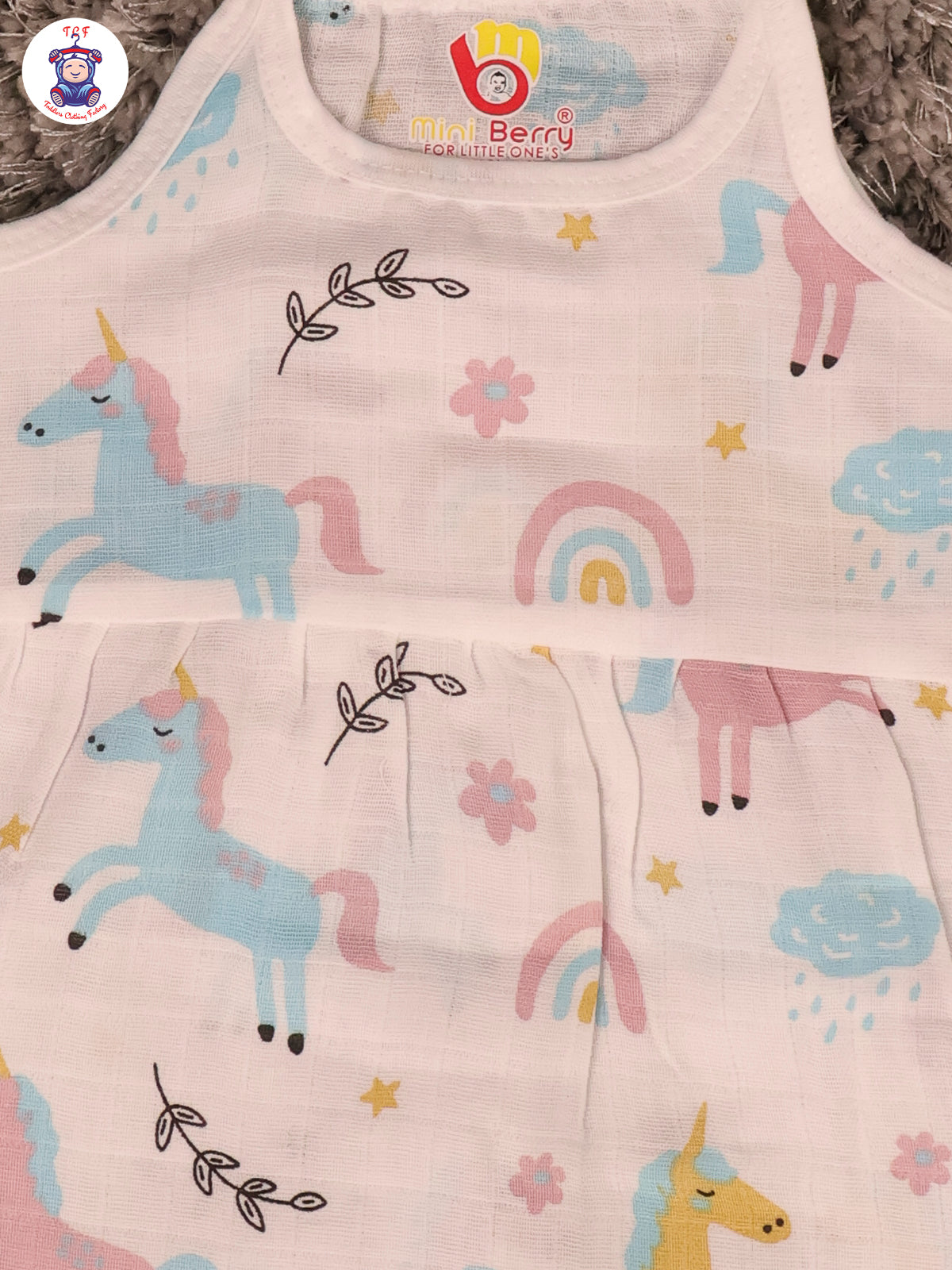 White Multi Cartoons Muslin Top Knot Frocks