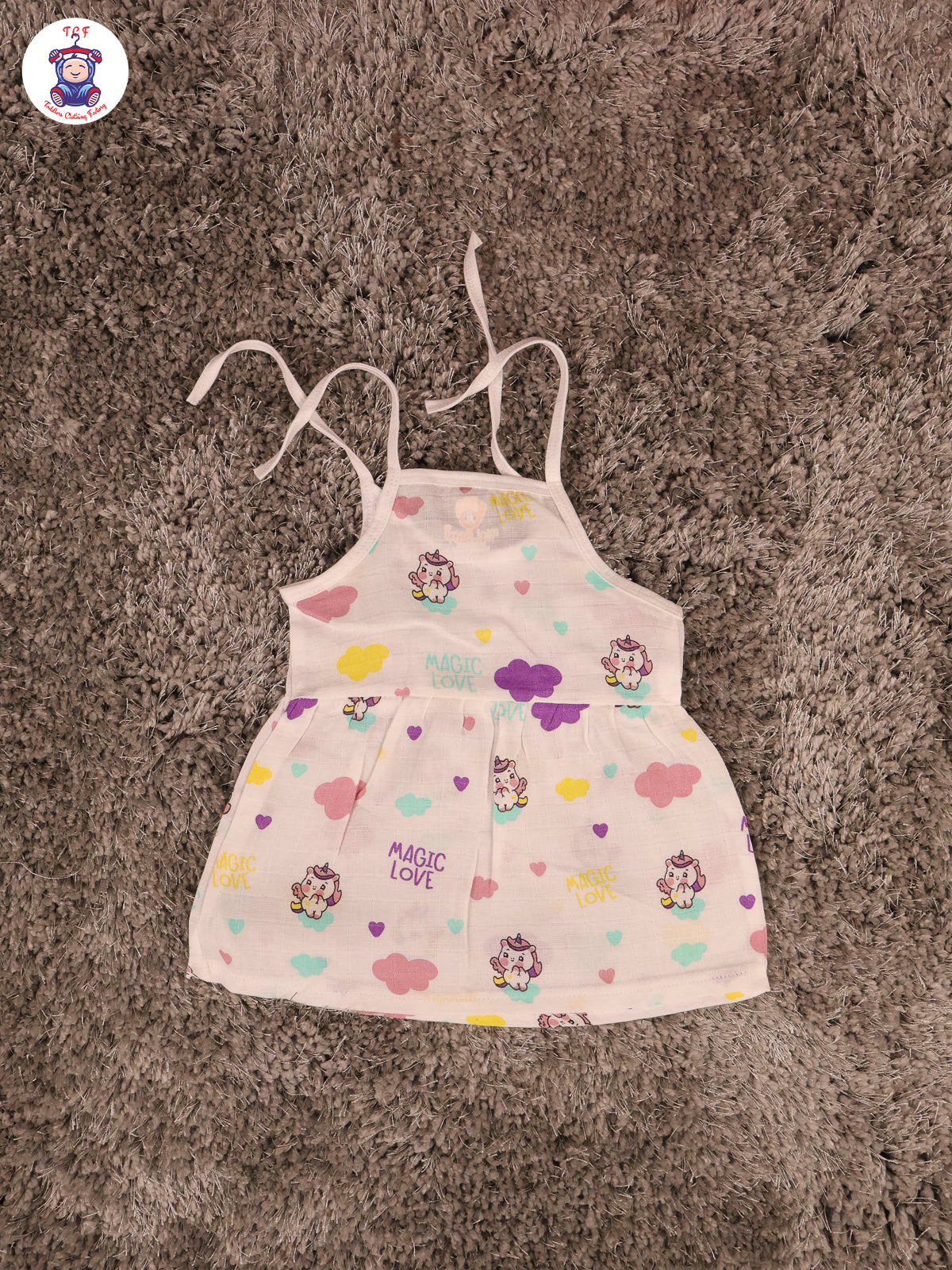 White Multi Cartoons Muslin Top Knot Frocks