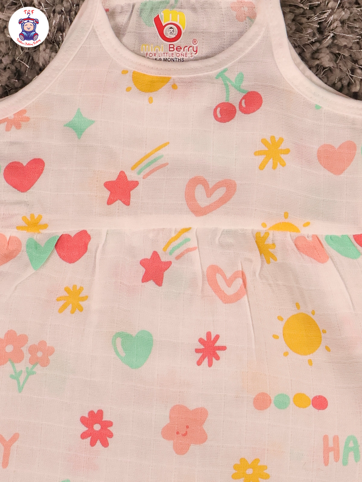 White Multi Cartoons Muslin Top Knot Frocks