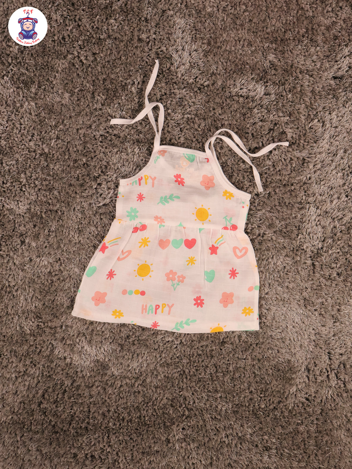 White Multi Cartoons Muslin Top Knot Frocks