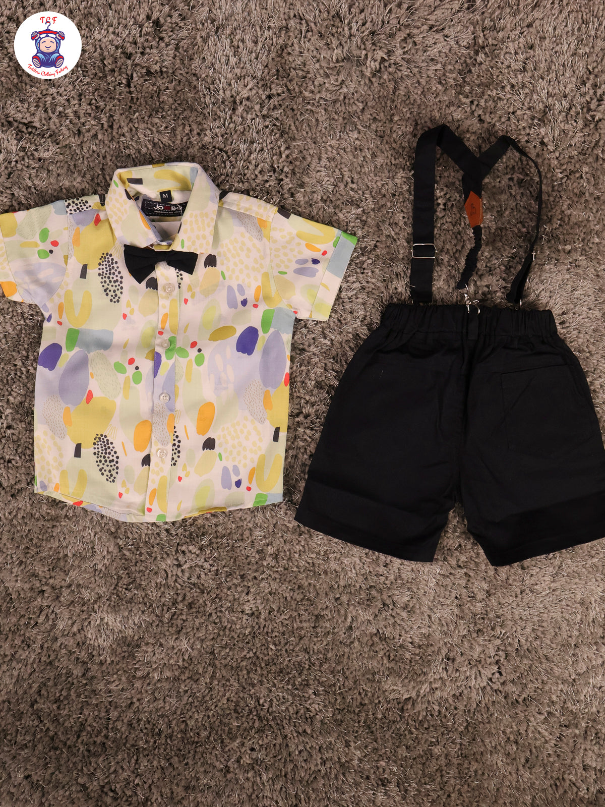 Blue & Black Half Sleeves Shirts & Shorts Set With Suspender & Bow