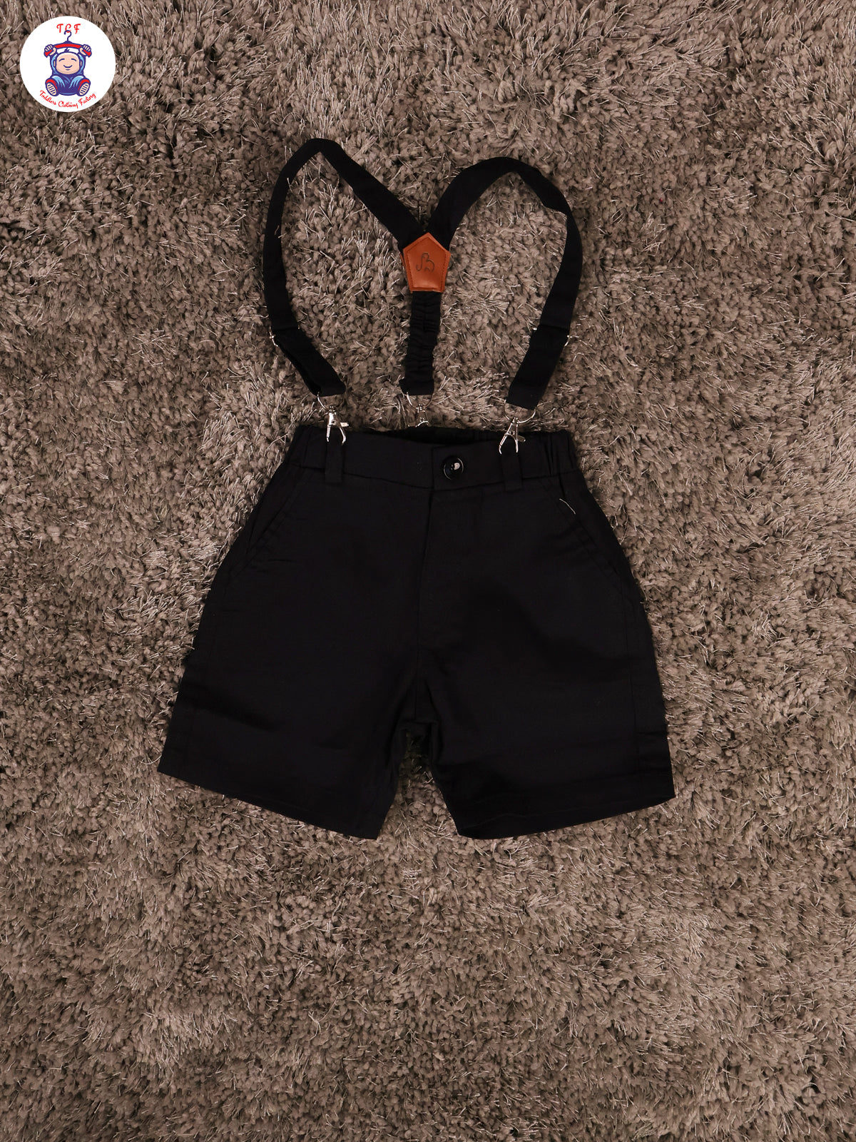 Blue & Black Half Sleeves Shirts & Shorts Set With Suspender & Bow