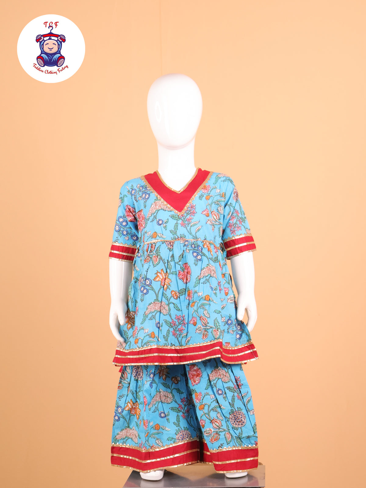 Sky Blue & Red - Floral Printed A-Line Kurti Set