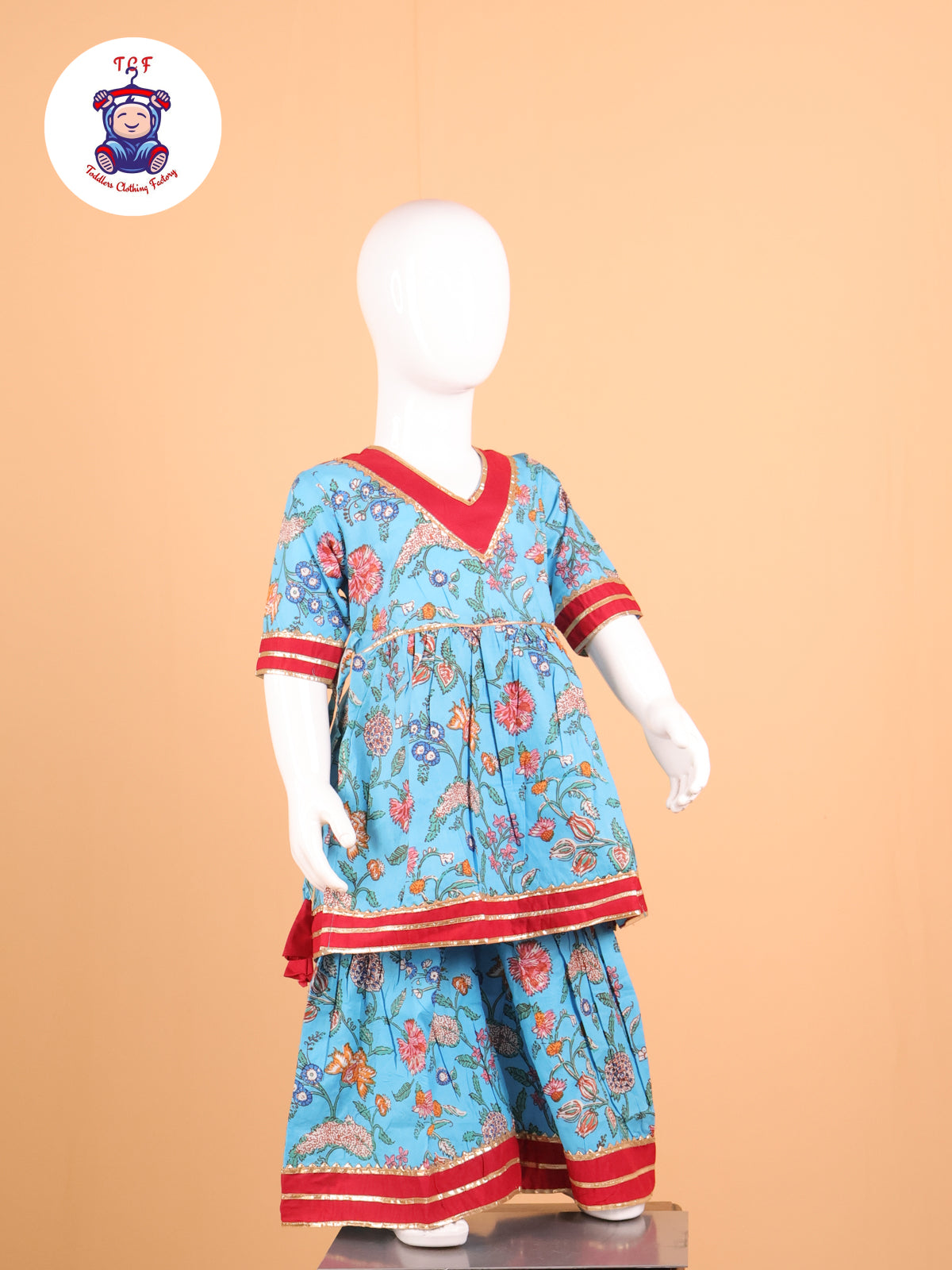 Sky Blue & Red - Floral Printed A-Line Kurti Set