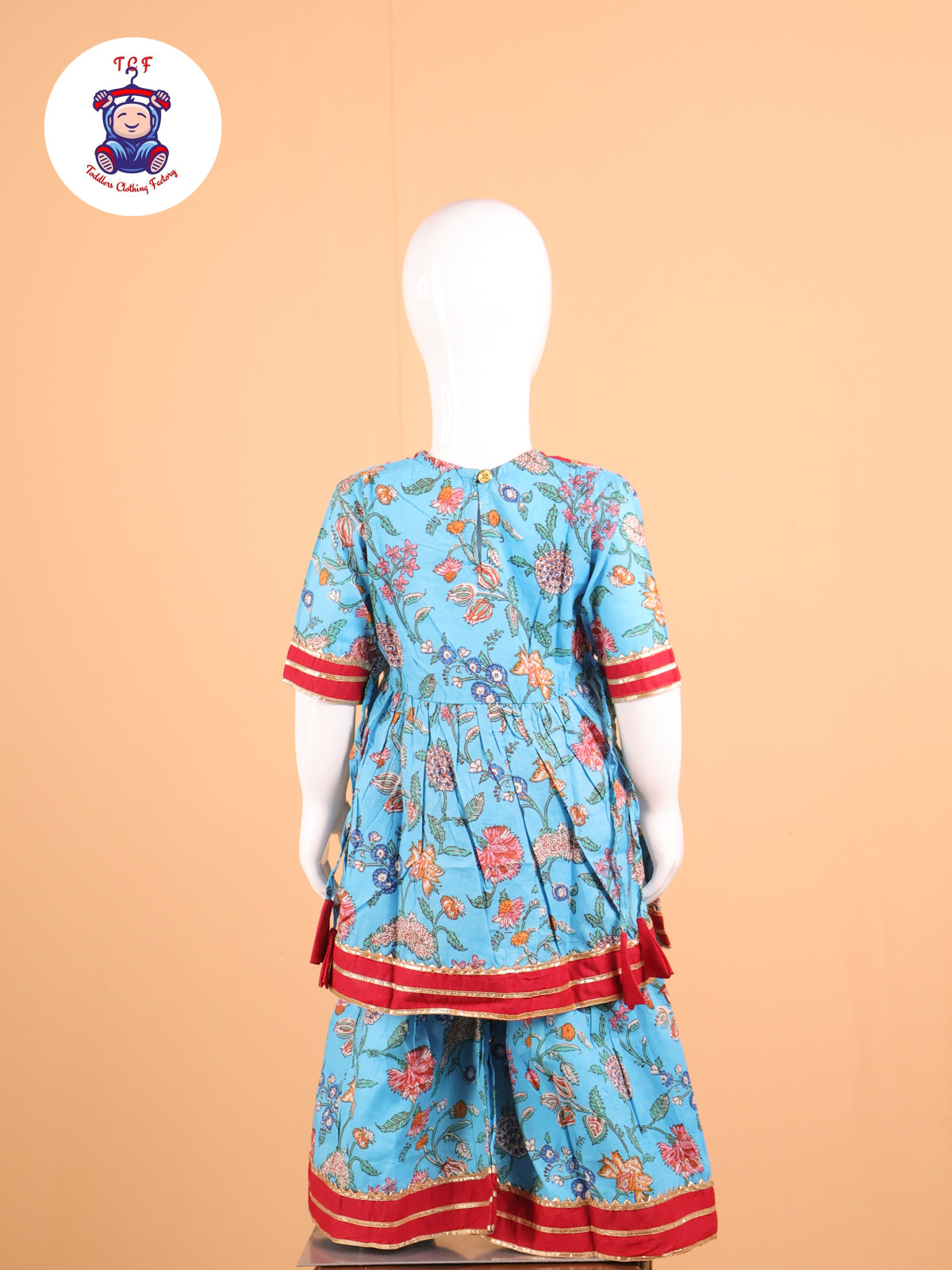 Sky Blue & Red - Floral Printed A-Line Kurti Set
