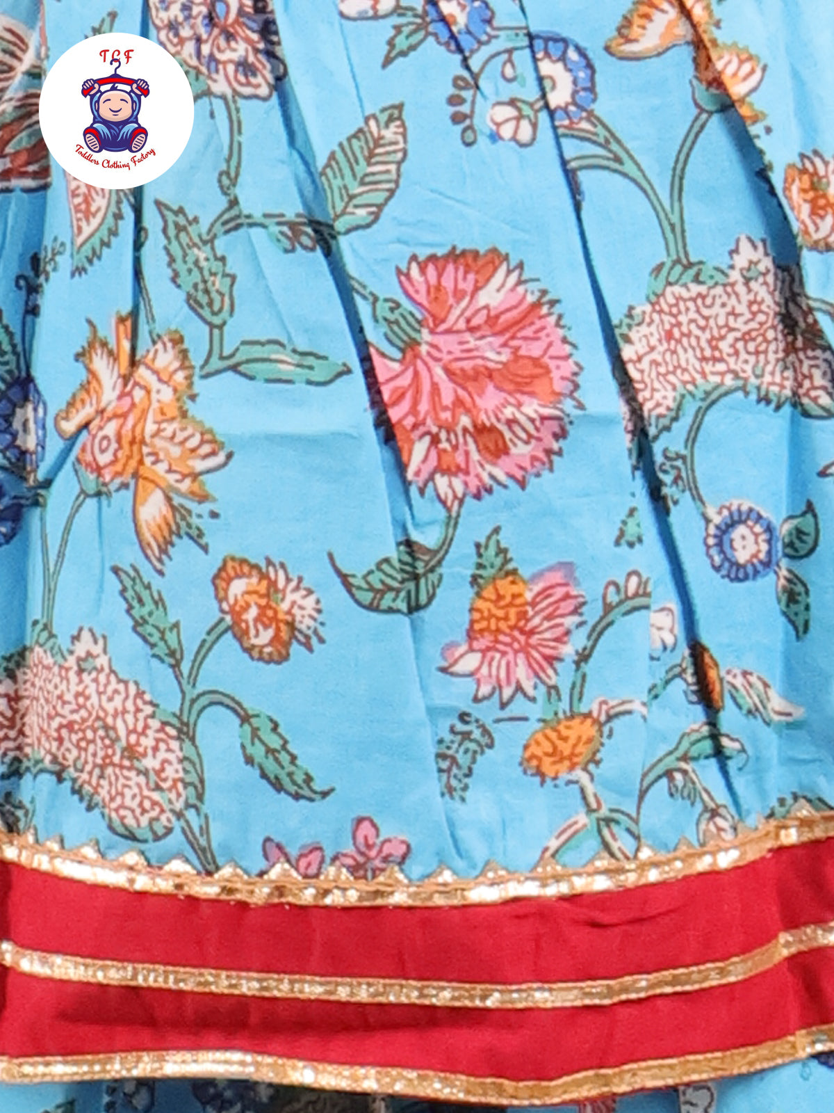 Sky Blue & Red - Floral Printed A-Line Kurti Set