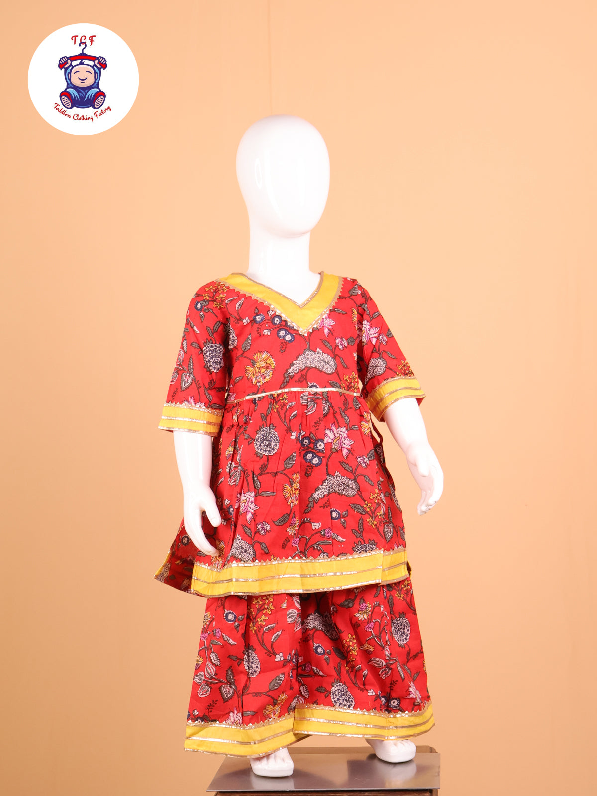 Red & Yellow - Floral Printed A-Line Kurti Set