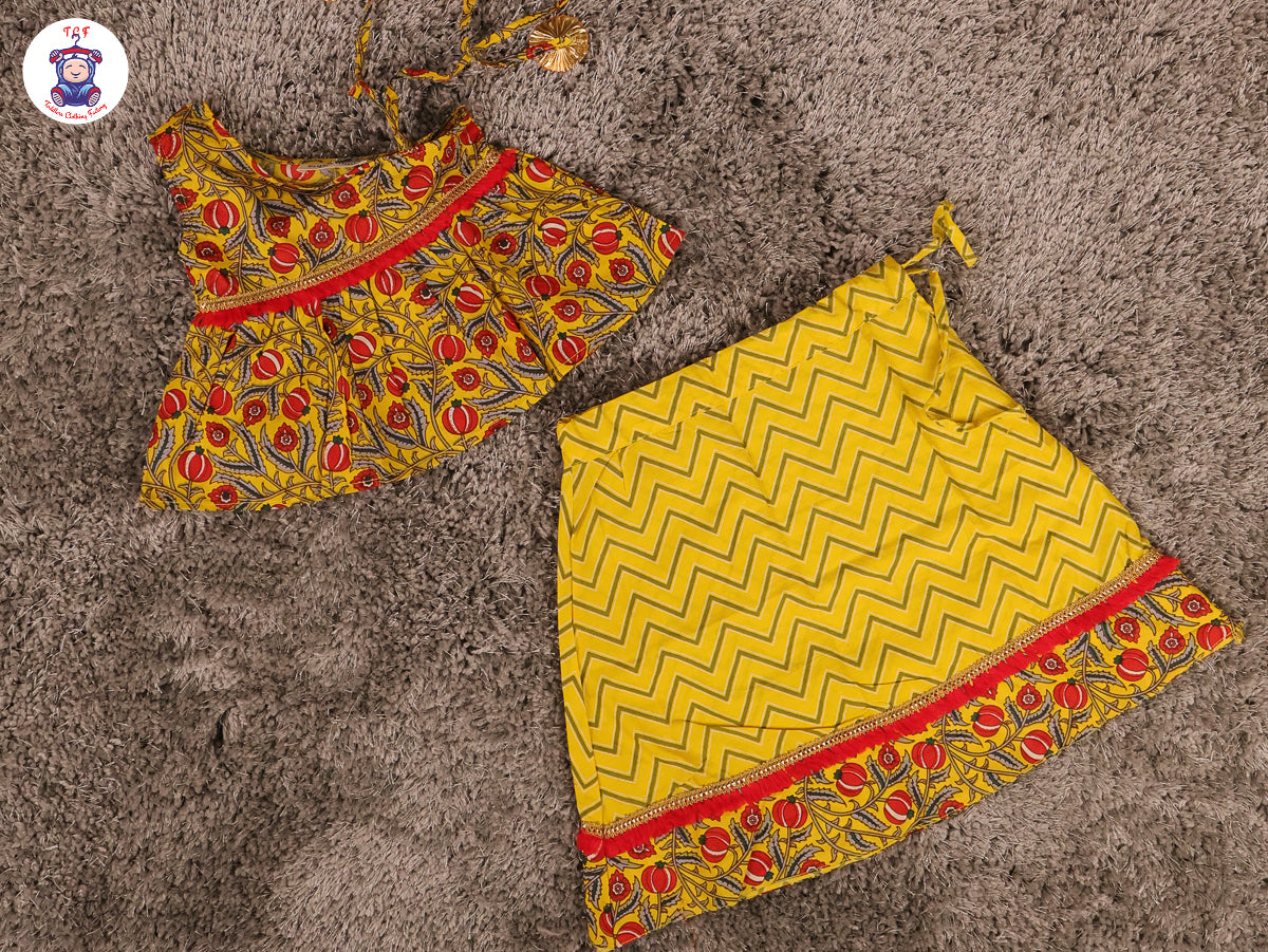 Yellow & Red - Printed One Shoulder Lehenga Choli
