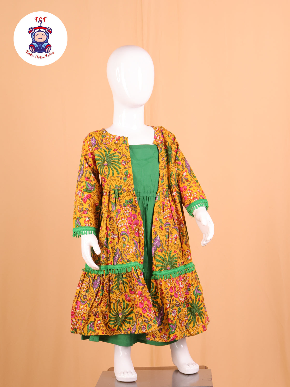 Mustard & Green Floral Printed Open Shrug With Color Strappy