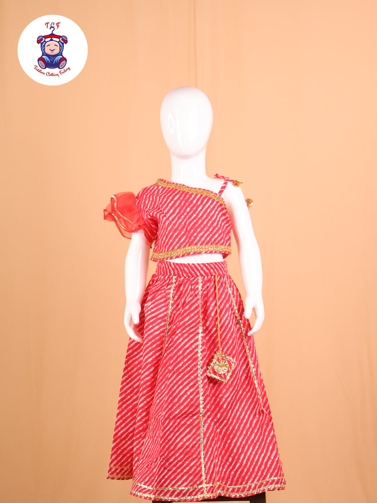 Red - One Shoulder Lehenga Choli With Net Dupatta
