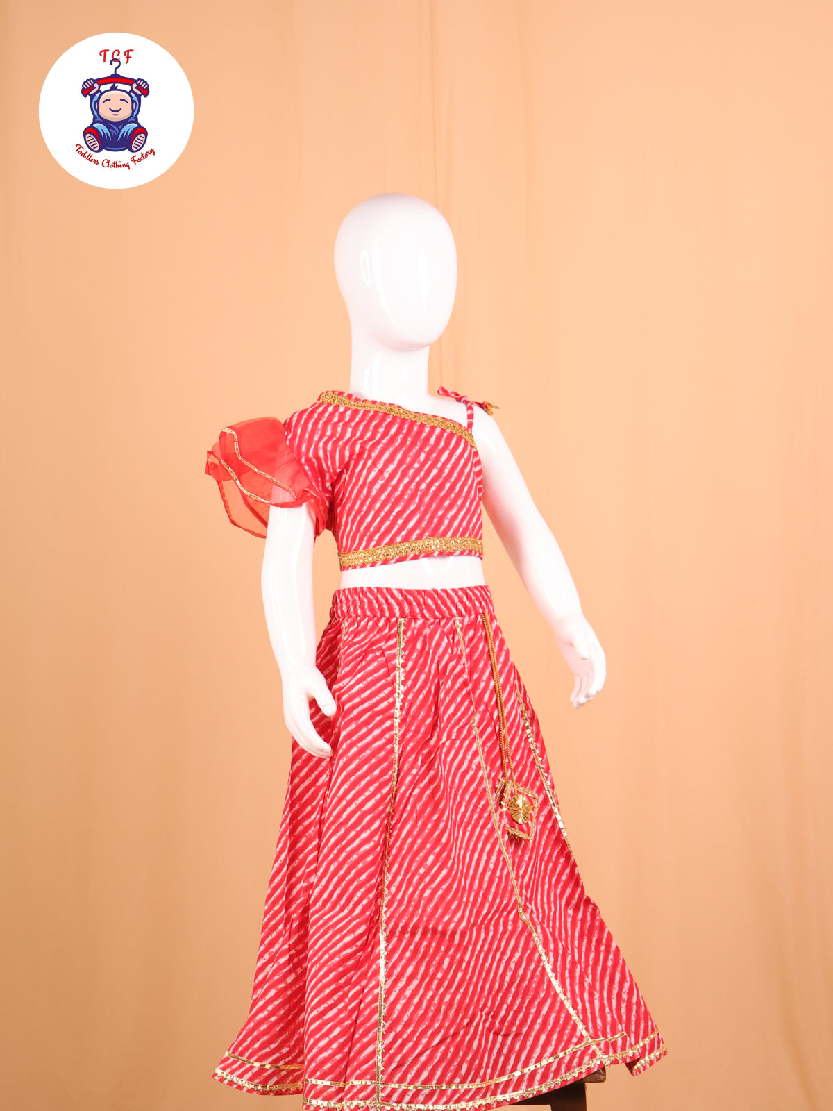 Red - One Shoulder Lehenga Choli With Net Dupatta