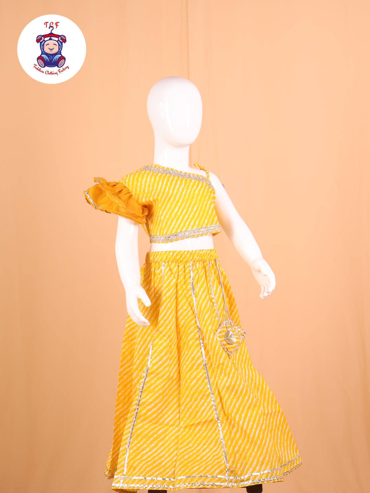 Mustard- One Shoulder Lehenga Choli With Net Dupatta