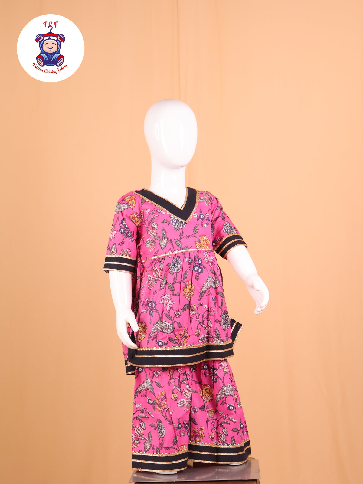 Pink & Navy Blue - Floral Printed A-Line Kurti Set