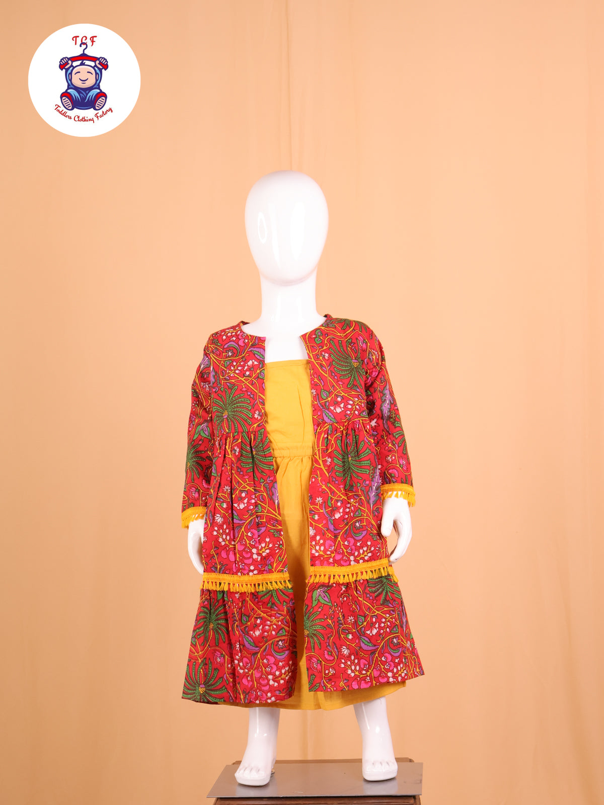 Red & Yellow - Floral Printed Open Shrug With Color Strappy