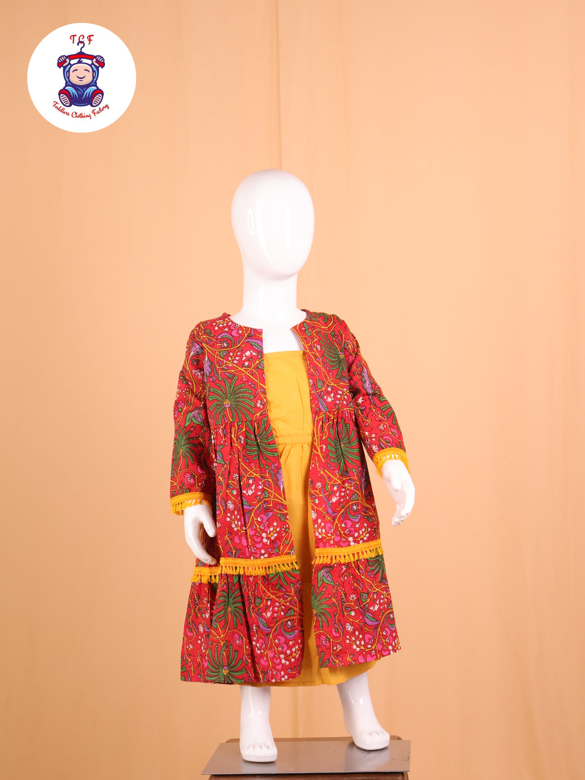 Red & Yellow - Floral Printed Open Shrug With Color Strappy