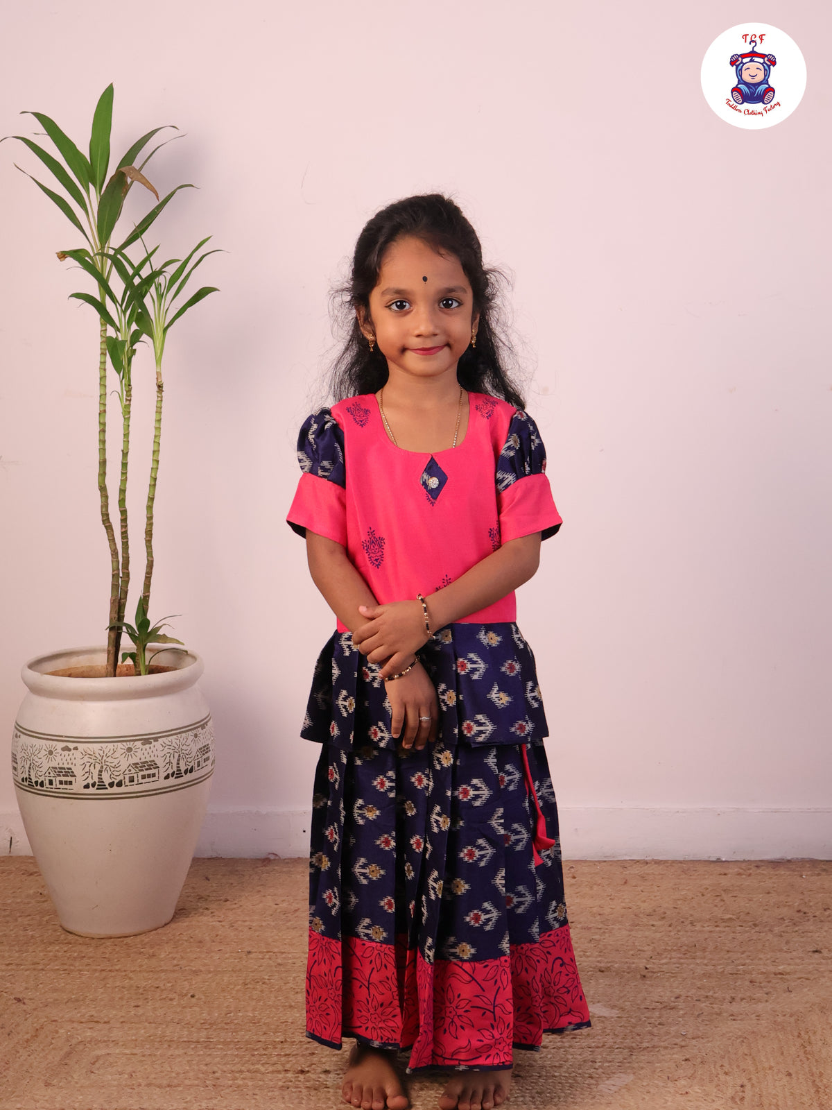 Pink & Navy Blue - Cotton Pavadai Sattai