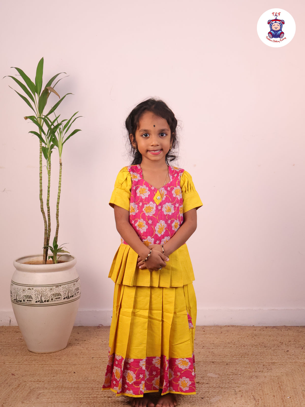 Pink & Lime Yellow Floral Printed Pavadai Sattai