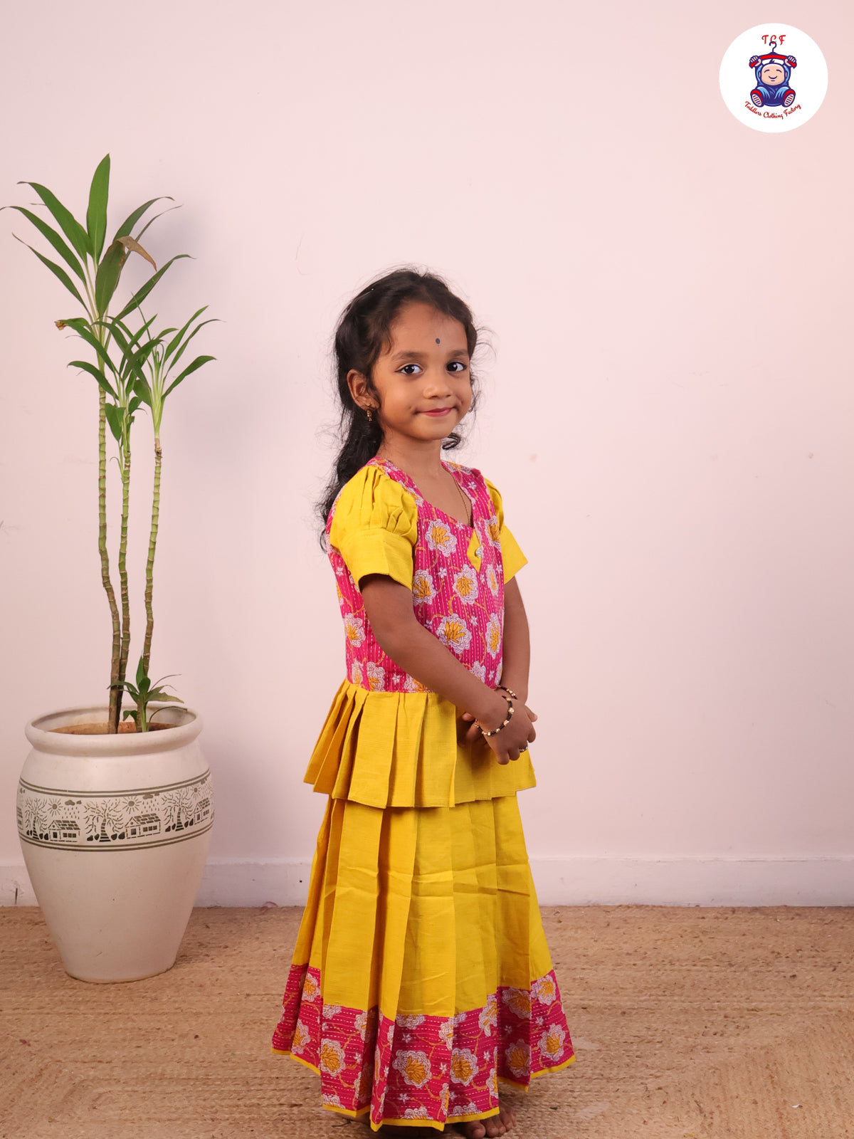 Pink & Lime Yellow Floral Printed Pavadai Sattai