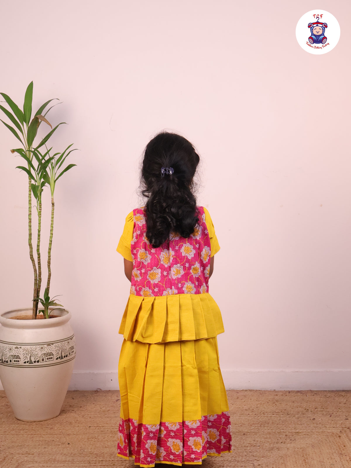 Pink & Lime Yellow Floral Printed Pavadai Sattai